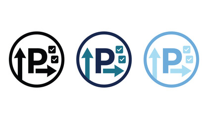 Fototapeta premium Set of parking icons with letter p, directional arrows and checkmarks