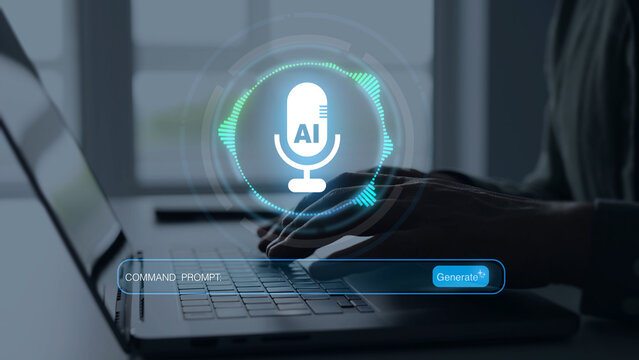 Voice interaction with an AI Chatbot using a microphone, representing artificial intelligence speech recognition, digital voice assistants,conversational interfaces and smart communication technology.