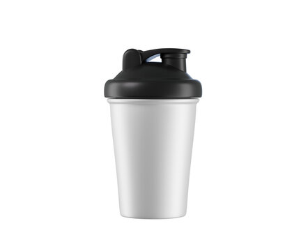 3d White shaker bottle with black lid isolated on background. Ideal for protein shakes, pre workout drinks, and gym routines.

