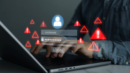 Cybersecurity alert notification.Protect profiles from hacks. Strong passwords, MFA, and monitoring prevent cyber attacks, credential theft and unauthorized access.   © Mer_Studio