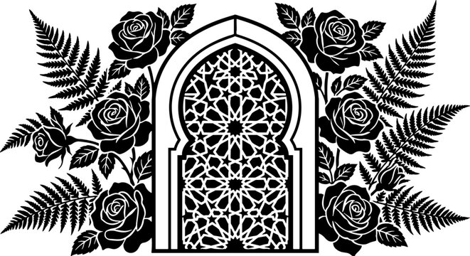 Islamic Arch Window with Floral Roses and Fern Silhouette