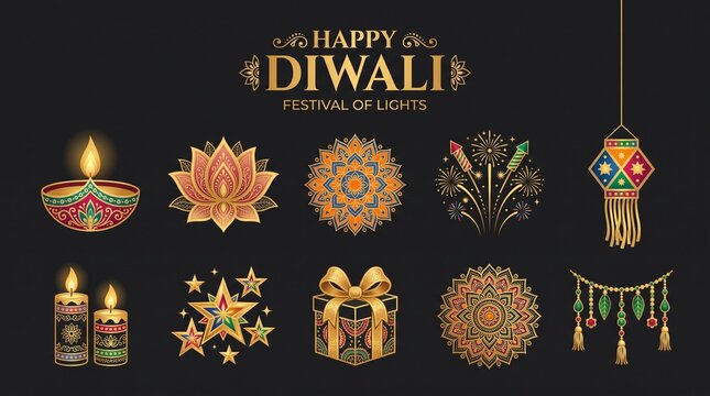 Happy Diwali festival of lights greeting card design with glowing oil lamp diya. Lotus flower and mandala pattern. Firework rocket and hanging lantern illustration vector. Gift box and gold stars