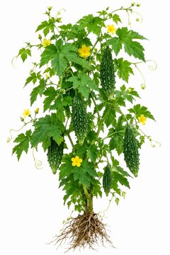 Fresh organic bitter gourd karela plant with roots, yellow flowers and fruits isolated on white background