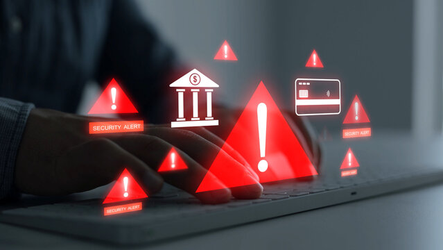 Online banking fraud concept with security alerts, bank and credit card symbols, representing phishing, scam attempts, financial data theft and digital security risks during online transactions.	
