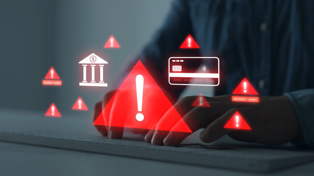 Bank fraud and phishing security alert concept showing financial warning symbols, suspicious payment activity and data protection risks, representing online scams and cyber security threat.