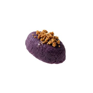 Ube halaya dessert portioned topped with crispy latik isolated. Traditional Filipino purple yam sweet treat png. Authentic Philippine purple yam jam isolated.