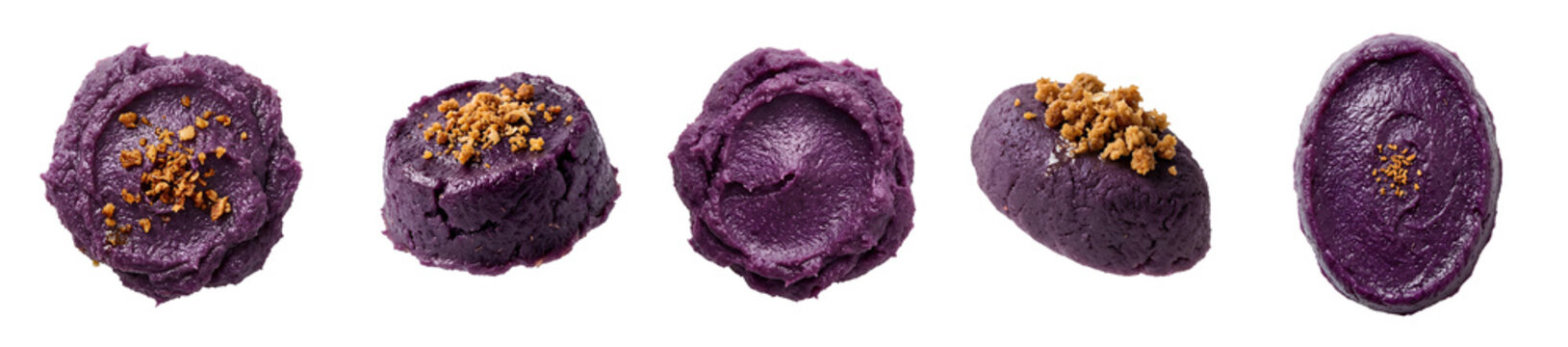 Ube halaya dessert Filipino topped with toasted coconut curds latik set PNG. Traditional purple yam jam sweet treat different views PNG. Authentic Philippine sweet delicacy isolated