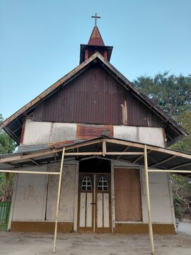 Old rustic wooden church in Kei Islands, Maluku Indonesia with blue sky