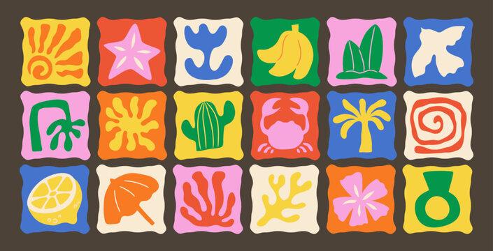 Summer boho icon set with beach palm trees and abstract sun logos. Sea wave vectors with surf silhouettes and groovy shapes. Tropical Hawaiian elements with birds and minimalist coastal patterns.