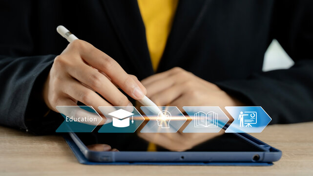 Concept of Online education. man use Online education training and e-learning webinar on internet for personal development and professional qualifications. Digital courses to develop new skills.	