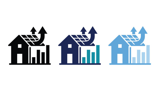 Solar energy home icons set showing power generation, savings, and green growth in black, dark blue, and light blue variations
