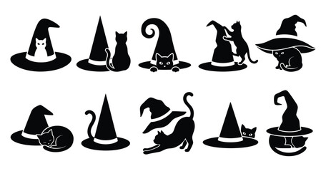Fototapeta premium Set of black silhouette icons featuring various witch hats and cute cats for creative halloween holiday season designs