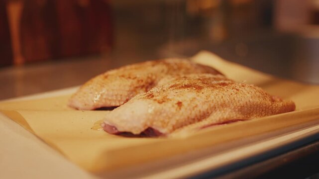 Close-up of spiced duck breast skin-on fillets lying on parchment paper over a cutting board, being seasoned with salt in a warm home kitchen. Raw meat cooking preparation process.