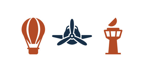 Aviation transportation symbols with hot air balloon plane and tower. © SAJID
