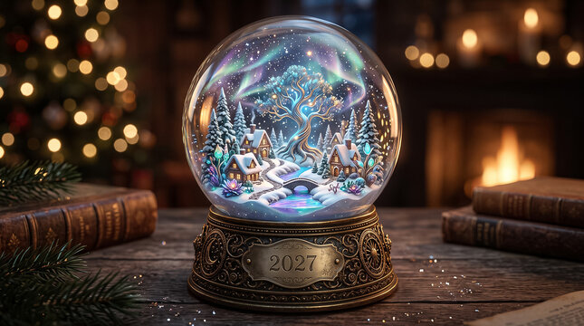 magical 2027 snow globe with northern lights tree and village on wooden table near fireplace