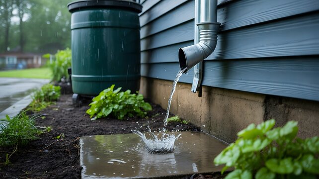Rainwater flowing from a house gutter into a garden drainage area