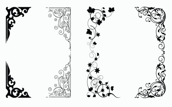 Vintage decorative corner borders vector collection featuring ornate floral swirls ivy vines and filigree elements for framing invitation designs.