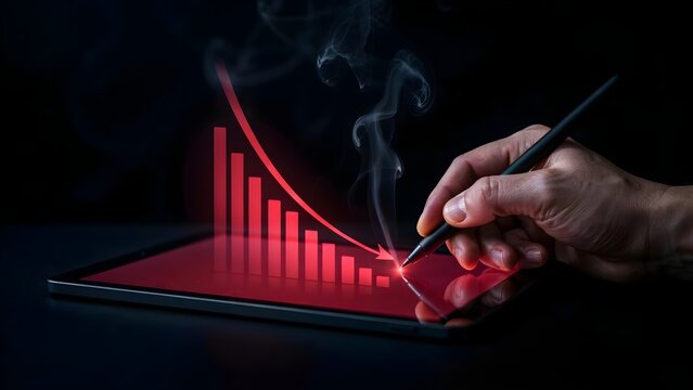Hand using stylus on digital tablet displaying declining bar chart with red arrow and smoke effect representing crash