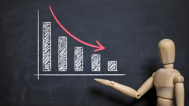 Wooden mannequin pointing at declining bar chart on blackboard with red downward arrow showing financial loss