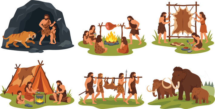 Prehistoric caveman family life scenes vector set with primitive stone age people hunting cooking and woolly mammoth