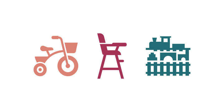 Children toys flat icon set with tricycle high chair and train.
