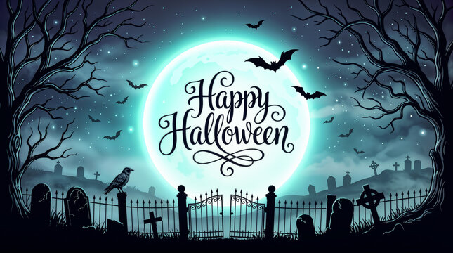 Halloween Gru&szlig;karte mit Vollmond Schriftzug Happy Halloween Fledermaus und Friedhof