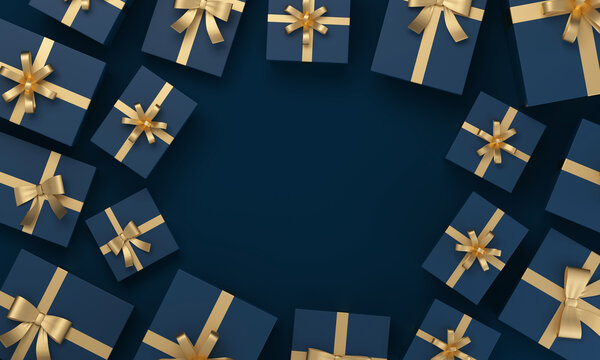 Blue gift boxes with gold ribbons framing dark background