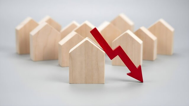 Model of small wooden houses with a red downward pointing arrow representing real estate market crash or decline