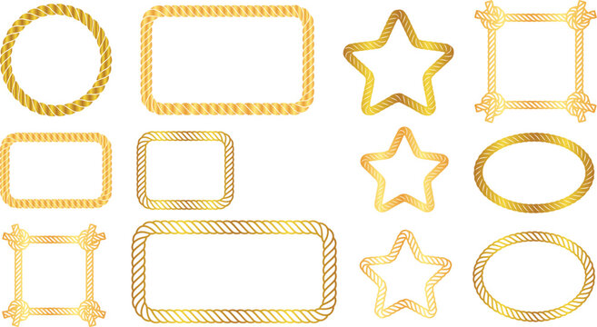 Set of gold rope vector borders and frames in different shapes like circle, rectangle, square, star and oval