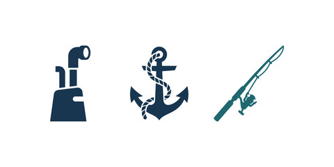 Marine equipment icons featuring submarine periscope anchor and fishing rod. © SAJID