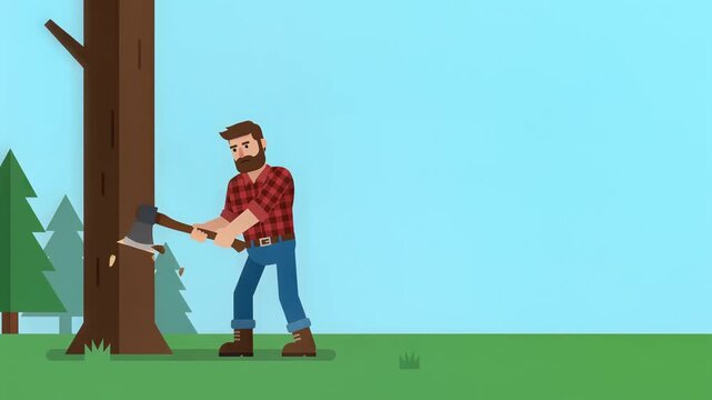 Lumberjack Chopping Tree Animation Sequence Flat Vector Illustration