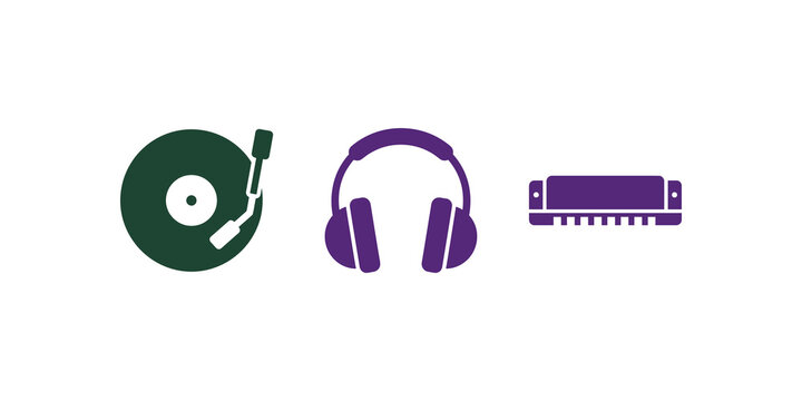 Retro vinyl player headphones and harmonica icons on checker background.