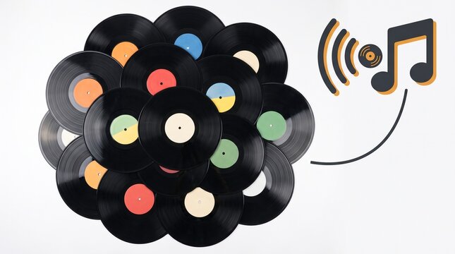 Vinyl records with colorful labels and a musical note with sound waves, representing music track production, analog audio playback and vintage listening culture in a creative sound concept.