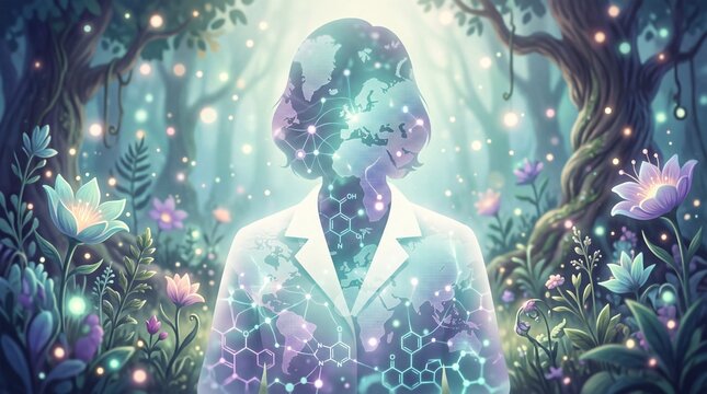 Global healthcare professional silhouette with world map in magic forest
