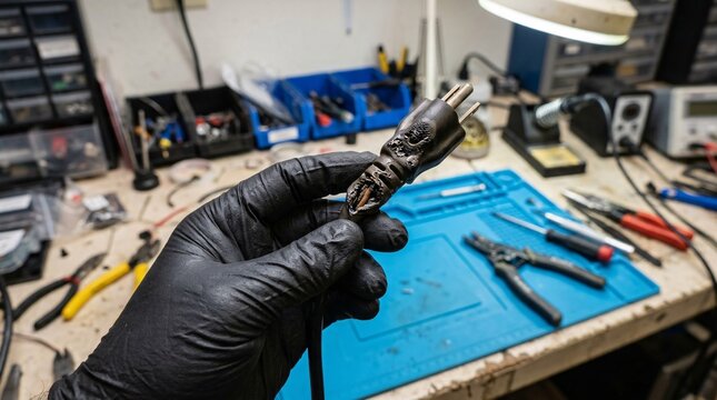 Close-up of a technician wearing black gloves holding a severely melted and charred three-prong AC power plug over a blue silicone repair mat.