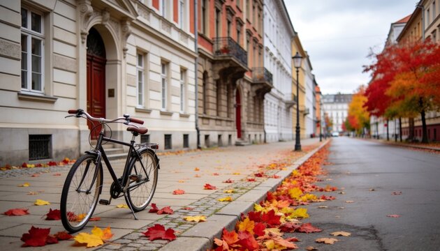 Generative AI a quiet city street during autumn with colorful fallen leaves along the sidewalk and