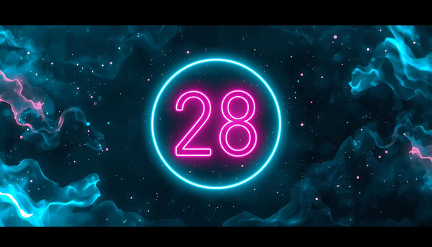 A vibrant neon countdown timer displaying the number 28 in a glowing circle against a cosmic background filled with swirling nebulae and stars