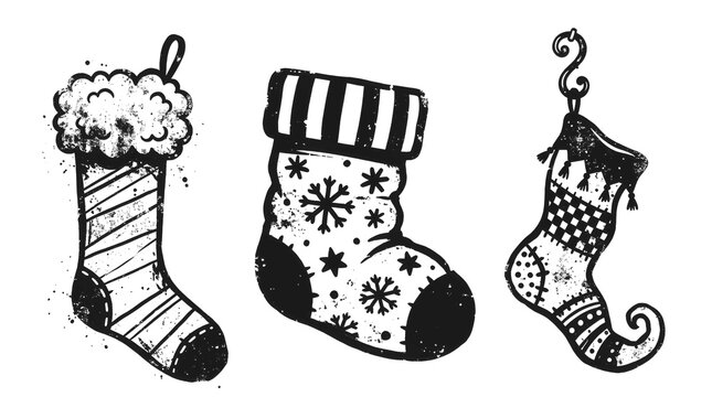 Set of three decorative christmas stockings with different patterns and textures, handdrawn style illustration isolated on transparent background