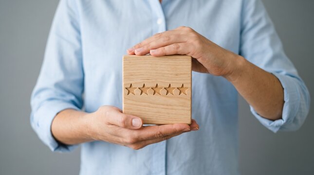 Business person holding a wooden block with five carved stars representing customer satisfaction rating and service quality evaluation, symbolizing positive feedback and excellent