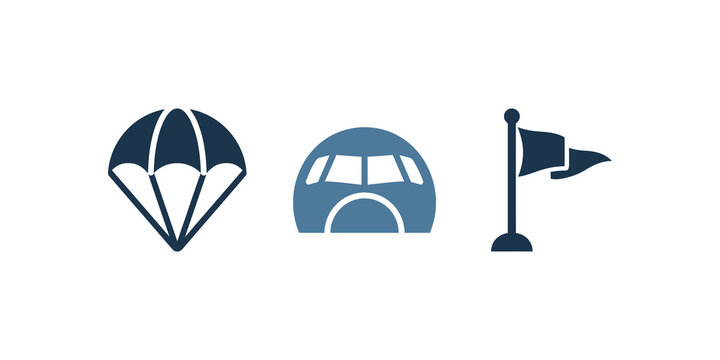 Dark blue aviation and outdoor icons for adventure and destination.