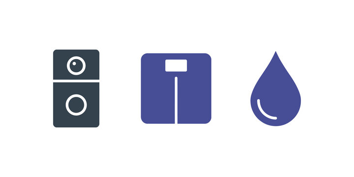 Health and fitness flat icon set with scale water drop and speaker.