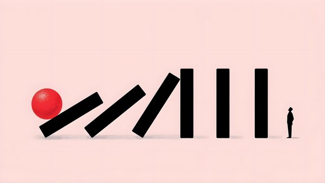 Conceptual illustration showing a domino effect with falling blocks stopped by a small man