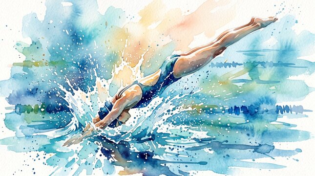 Dynamic watercolor illustration of an athlete diving gracefully into a swimming pool, dramatic splash and water droplets, streamlined body posture, soft sunlight, expressive blue brushstrokes