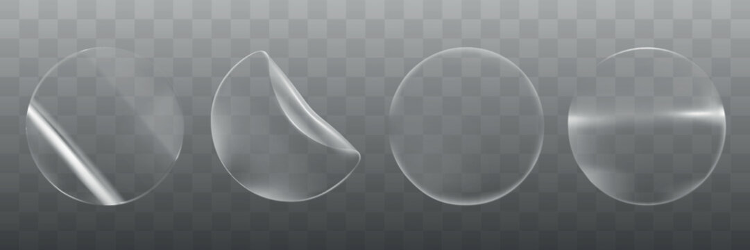 Vector set of transparent glass circles with reflections and highlights on a checkered background.