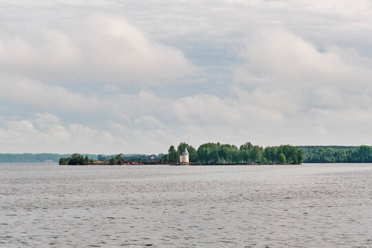Monastery Island with white tower on Volga river reservoir in Kalyazin, Russia