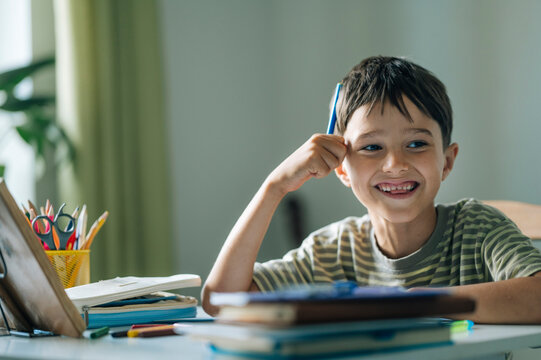 Smiling boy studies his school lessons at an indoor desk