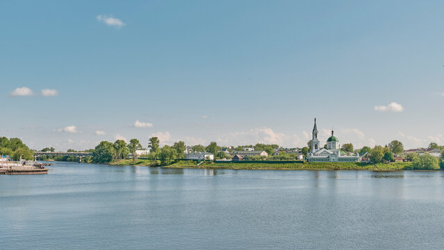 Panoramic view of St Catherine Convent on Volga riverbank in Tver, Russia