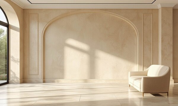Elegant classic interior background with empty arch wall mockup and soft morning sunlight shadows