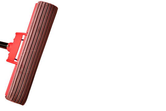 Red water absorbing mop for floor cleaning on blue surface