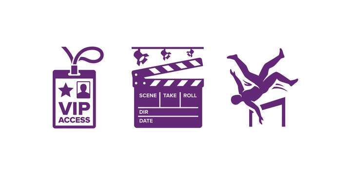 Vip pass badge movie clapperboard and stuntman stunt vector graphics.